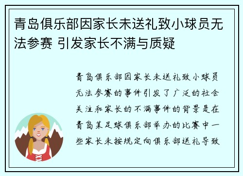 青岛俱乐部因家长未送礼致小球员无法参赛 引发家长不满与质疑
