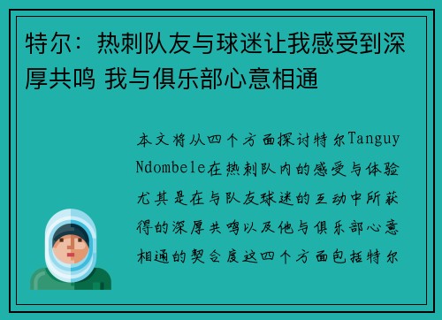 特尔：热刺队友与球迷让我感受到深厚共鸣 我与俱乐部心意相通