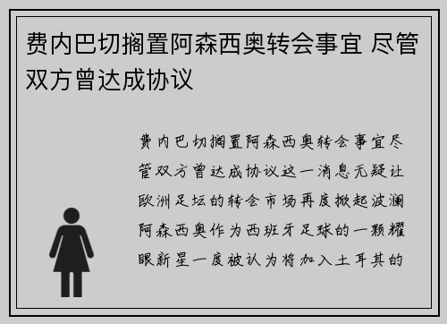 费内巴切搁置阿森西奥转会事宜 尽管双方曾达成协议