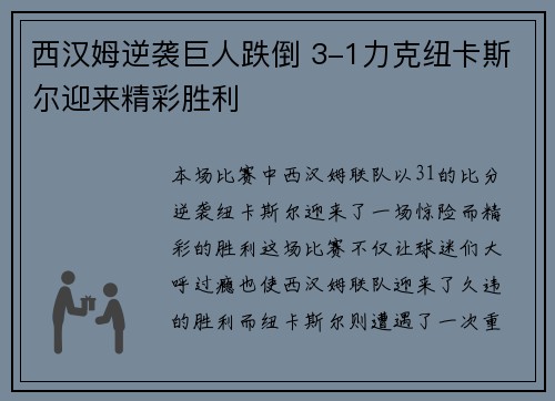 西汉姆逆袭巨人跌倒 3-1力克纽卡斯尔迎来精彩胜利